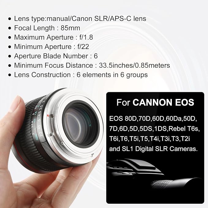 85mm f1.8 Portrait Lens EF/EF-S Mount Camera Lenses for Canon EOS Rebel T8i/T7i/T7/T6i/T5/T3i/T3/T2i/XSi/XS/SL3/SL2/T100/5D Mark IV/6D II/7D 90D 80D 70D 60D 50D 650D 600D 750D 700D 550D 7D II