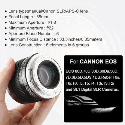 85mm f1.8 Portrait Lens EF/EF-S Mount Camera Lenses for Canon EOS Rebel T8i/T7i/T7/T6i/T5/T3i/T3/T2i/XSi/XS/SL3/SL2/T100/5D Mark IV/6D II/7D 90D 80D 70D 60D 50D 650D 600D 750D 700D 550D 7D II