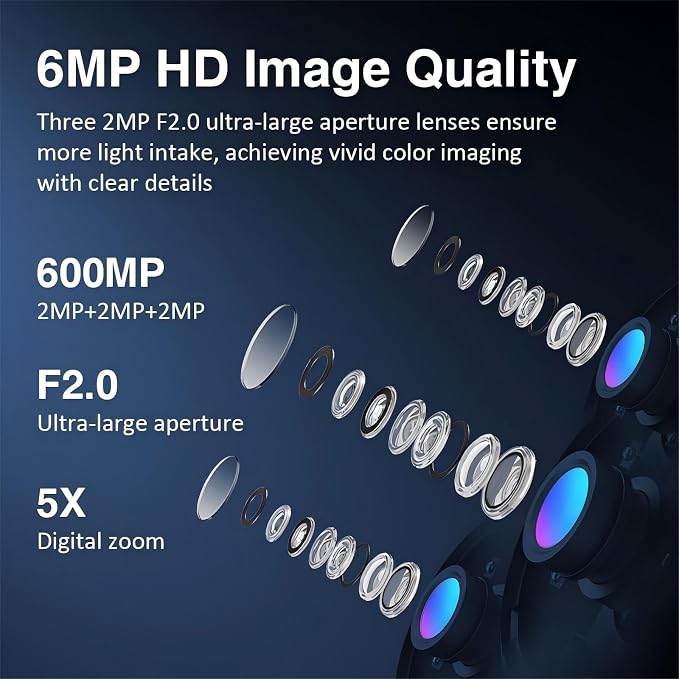EVERSECU Triple Lens WiFi PTZ Security Camera, Three Cameras in One, Side Cameras with Adjustable All-Angle Arm, 2K 360° View No Blind Spot, Auto Tracking, Spotlight, 2 Way Audio（2pack