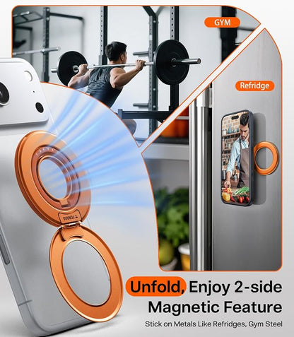 TORRAS 2025 Flagship Magnetic Phone Grip Ring Holder Kickstand [2-Sided Magnetic] [360 Rotation] Fit for MagSafe Accessories for iPhone 17 16 15 14 13 12 11 Samsung, Google, Orange