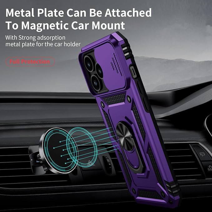 Weycolor for iPhone 14 Pro Max Case with Camera Lens Cover, HD Screen Protector, 10 FT Military Grade Drop Protection, Magnetic Ring Holder Kickstand Protective Phone Case, Deep Purple