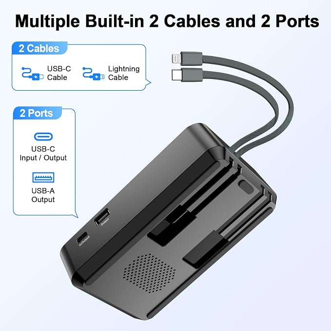 Jteman Cell Phone Stand Bluetooth Speaker with Built-in Cables,Foldable Adjustable Holder,All-in-One Audio Stand for iPhone Android,Birthday Gifts for Men Women