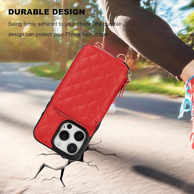 Bocasal Crossbody Wallet Case for iPhone 16 Pro, RFID Blocking PU Leather Zipper Handbag Purse Flip Cover, Kickstand Folio Case with Card Slots Holder Wrist Strap Lanyard 5G 6.3 Inch (Red)
