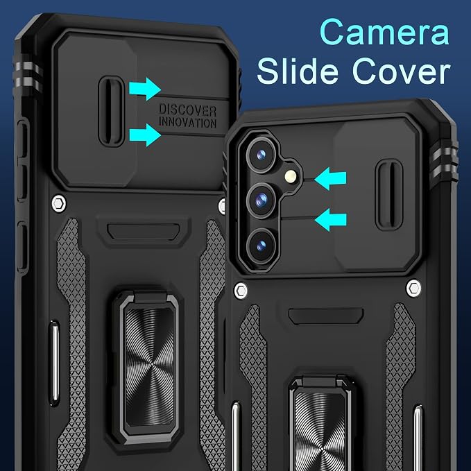 DEERLAMN Case for Samsung Galaxy S23 FE 6.4-Inch with Slide Camera Cover+Screen Protector(1 Pack),Rotated Ring Kickstand Military Grade Shockproof Protective Cover-Black