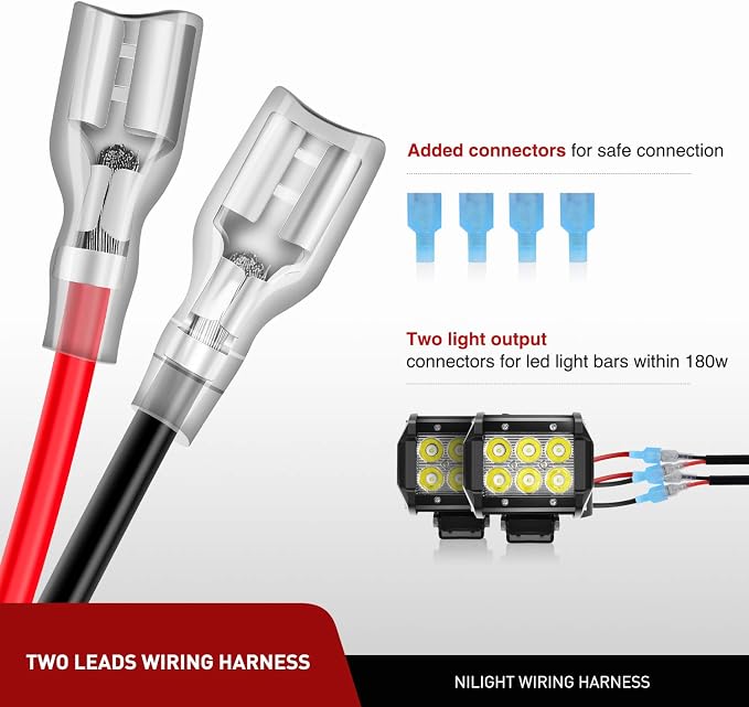 Nilight LED Light Bar Wiring Harness Kit Motorcycle Handlebar Push Button Switch 16AWG 2 Leads 12V On Off for ATV UTV Driving Lights 7/8inch