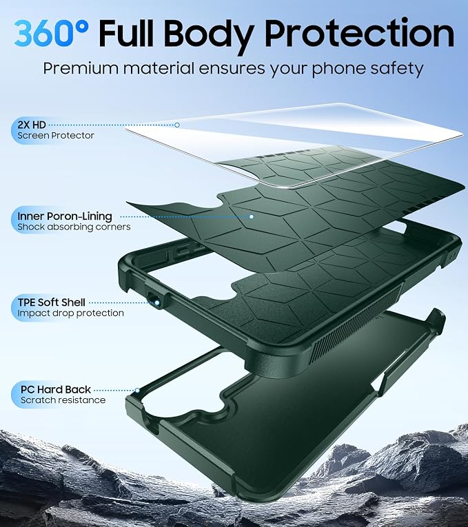 Red2Fire for Samsung Galaxy S26 Case 6.3 Inch, [Military Grade Drop Protection][2 Pack Screen Protectors] Heavy Duty Full Body Shockproof Non-Slip Phone Case,Dark Green