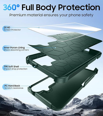 Red2Fire for Samsung Galaxy S26 Case 6.3 Inch, [Military Grade Drop Protection][2 Pack Screen Protectors] Heavy Duty Full Body Shockproof Non-Slip Phone Case,Dark Green