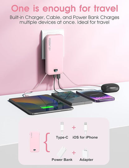 Portable Charger, 10000mAh PD20W Fast Charging Power Bank with Built-in Cables & Wall Plug, External Battery Pack with LED Display, Travel Essentials Battery Bank for iPhone, iPad, Samsung Fairy Pink
