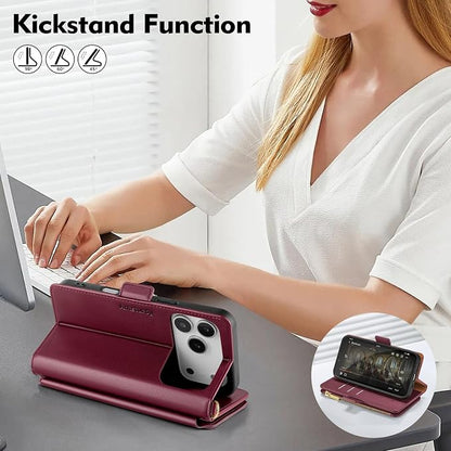 Antsturdy Compatible with iPhone 17 Pro Wallet Case Women,RFID Blocking PU Leather Phone Case Men Kickstand Flip Cover Wrist Strap Zipper Credit Card Holder Slots for Apple 17 Pro 6.3",Wine Red