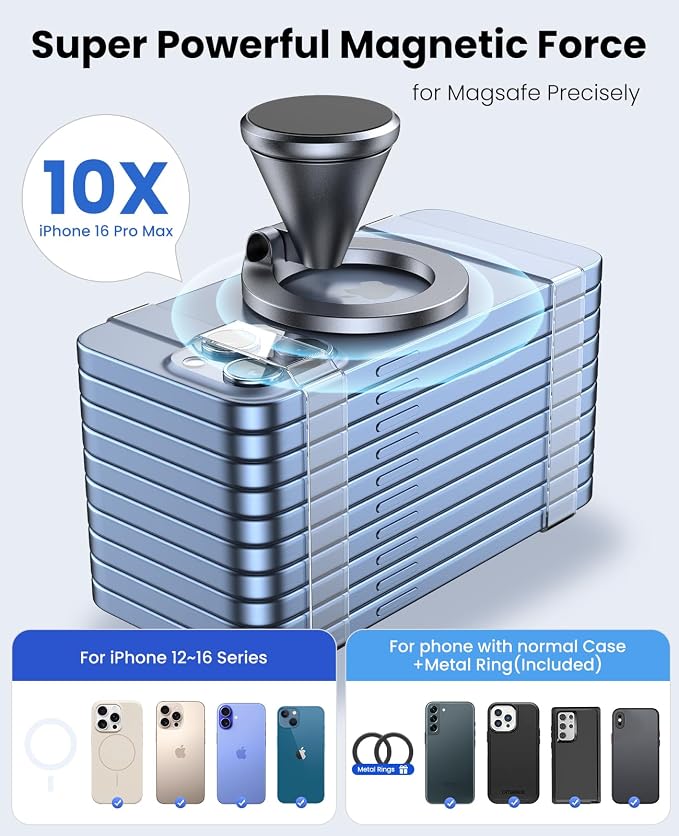 Detachable Magnetic Phone Holder for Car & Gym - All Aluminum Alloy Base Stays on Car Dashboard, Portable Phone Mount for iPhone 12/13/14/15/16/17 Series