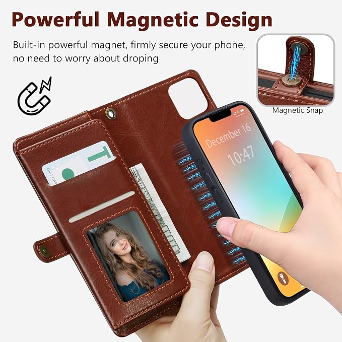 Wallet Case for iPhone 13 Pro with Card Holder/Crossbody Wallet/Strap| RFID Blocking | Magnetic | Kickstand | Detachable | PU Leather Phone Case for iPhone 13 Pro,6.1 in,Brown
