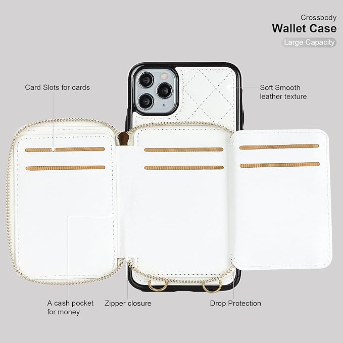 Bocasal Crossbody Wallet Case for iPhone 11 Pro Max, RFID Blocking PU Leather Zipper Handbag Purse Flip Cover, Kickstand Folio Case with Card Slots Holder Wrist Strap Lanyard 6.5 Inch (White)
