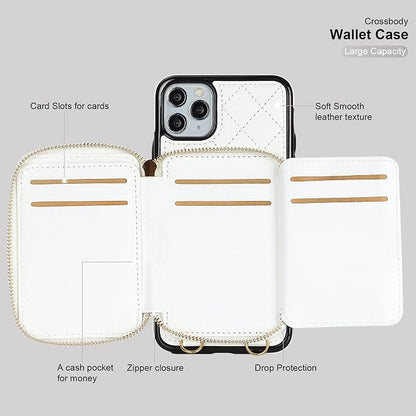 Bocasal Crossbody Wallet Case for iPhone 11 Pro Max, RFID Blocking PU Leather Zipper Handbag Purse Flip Cover, Kickstand Folio Case with Card Slots Holder Wrist Strap Lanyard 6.5 Inch (White)