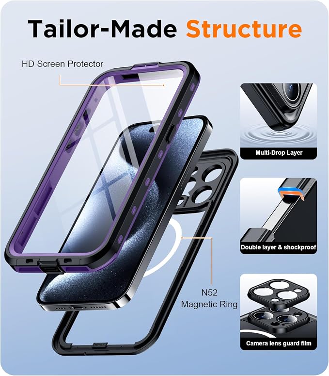 Temdan Magnetic for iPhone 15 Pro Case Waterproof,Built-in Screen Protector[IP68 Underwater][Upgrade Military Dropproof][Compatible with MagSafe] Full Body Shockproof Translucent Case 6.7''-Purple