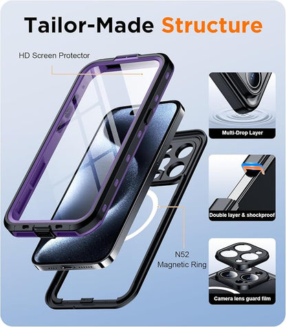 Temdan Magnetic for iPhone 15 Pro Case Waterproof,Built-in Screen Protector[IP68 Underwater][Upgrade Military Dropproof][Compatible with MagSafe] Full Body Shockproof Translucent Case 6.7''-Purple