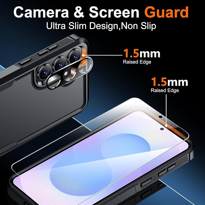 SPIDERCASE Designed for Samsung Galaxy S25 FE Case,[10 FT Military Grade Drop Protection],2 Pack [Tempered Glass Screen Protector+Camera Lens Protector] Heavy Duty Shockproof Case,Black