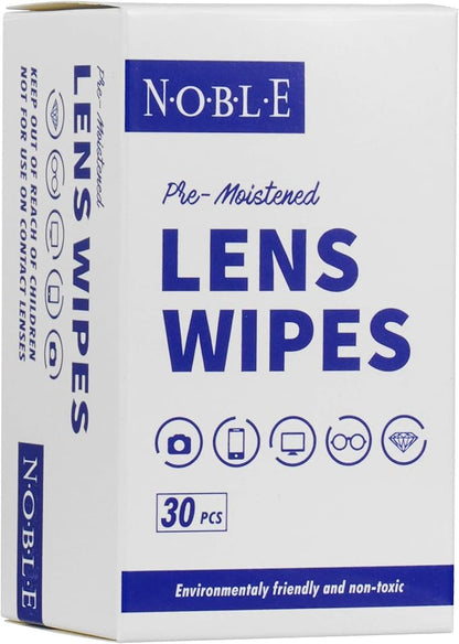 Noble Pre-moistened Lens Wipes Individually Wrapped - Lens and Screen Cleaning Wipes - Great for Eyeglasses, Cell Phones, Camera Lenses, Screens, Keyboards, and Other Delicate Surfaces (30 Wipes)