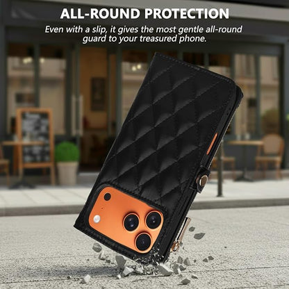 Rssviss Crossbody Wallet Case for iPhone 17 Pro Max 6.9", with Make Up Mirror, Wrist Strap, Zipper Purse Magnetic Flip, RFID Blocking Card Holder Kickstand, PU Leather Shockproof Women, Black