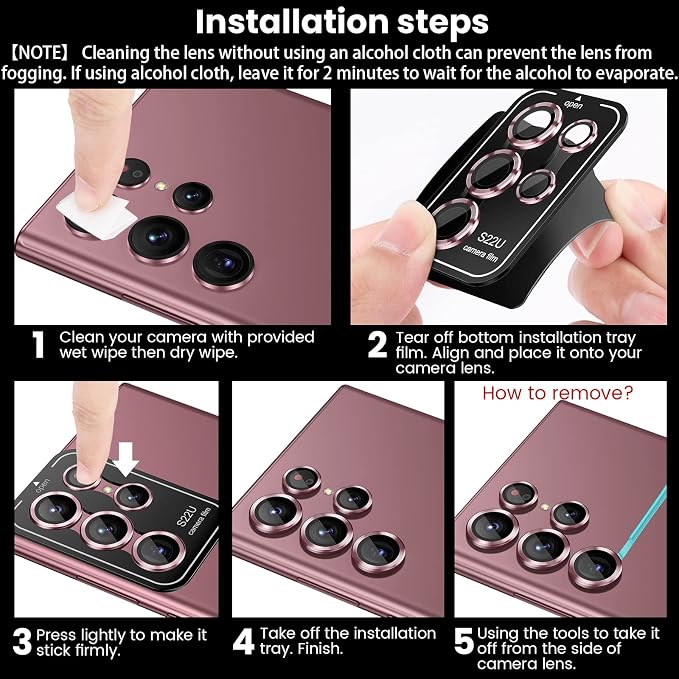 Tensea [3+2PCS for Samsung Galaxy S22 Ultra Camera Lens Protector, 9H Tempered Glass Camera Cover Screen Protector Metal Individual Ring, S22 Ultra 5G 2022 [Installation Tray][Removal tool]-Burgundy