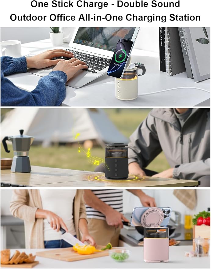 5-in-1 Wireless Charging Station with Bluetooth Speaker,Magnetic Charger with Night Light,Charger Stand with 33W Adapter Compatible with Apple Watch&iPhone 17 16 15 14 13 Pro Max&Wireless Earbuds Pink