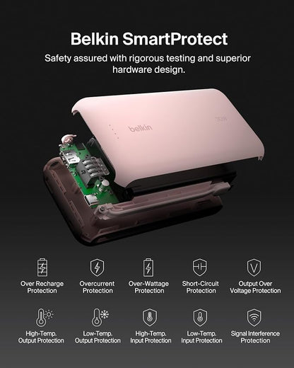 Belkin Power Bank with Integrated Cable, Fast Charging USB-C, 20000 mAh 30W, Portable Charger Power Bank USB C for iPhone 17, Air, Pro, Pro Max, iPad, AirPods, Apple Watch, Galaxy S25, & More - Pink
