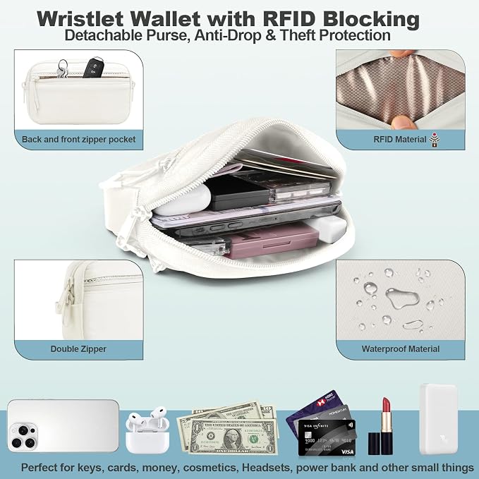 YFWE Clip and Go Strap for Phone with Wallet Crossbody, Adjustable Phone Lanyard with Detachable RFID Wristlet Wallet, Pattern Strap - Cream&Silver (L)
