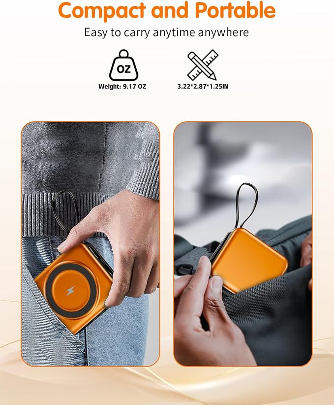 10000mAh for Magsafe Portable Charger Built-in Cables & AC Wall Plug,Orange | 6-in-1,PD 22.5W USB C Fast Charging,15W Magnetic Wireless Charging,Charge 5 devices at once,LED Display Travel Power Bank