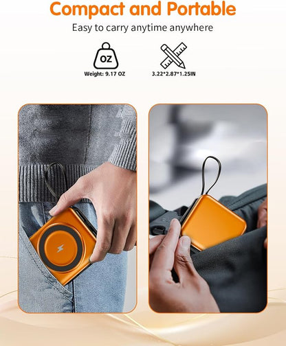 10000mAh for Magsafe Portable Charger Built-in Cables & AC Wall Plug,Orange | 6-in-1,PD 22.5W USB C Fast Charging,15W Magnetic Wireless Charging,Charge 5 devices at once,LED Display Travel Power Bank