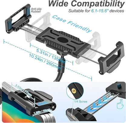 Metal Gooseneck Spin Bike Tablet Holder, Fit for 6.1-15.6" Devices, Adjustable Handlebar Mount for Indoor Cycle, Stationary Bicycle, Elliptical, Peloton, Compatible with iPad Pro/Air/Mini