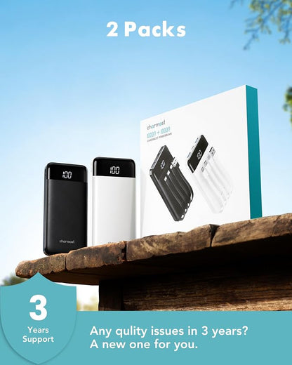 charmast 2 Pack 10000mAh Portable Charger, Power Bank with Built-in 4 Cables, 6 Outputs & 3 Inputs, Battery Pack with Digital Display, Travel Essential for iPhone All Series & Android, Family Sharing