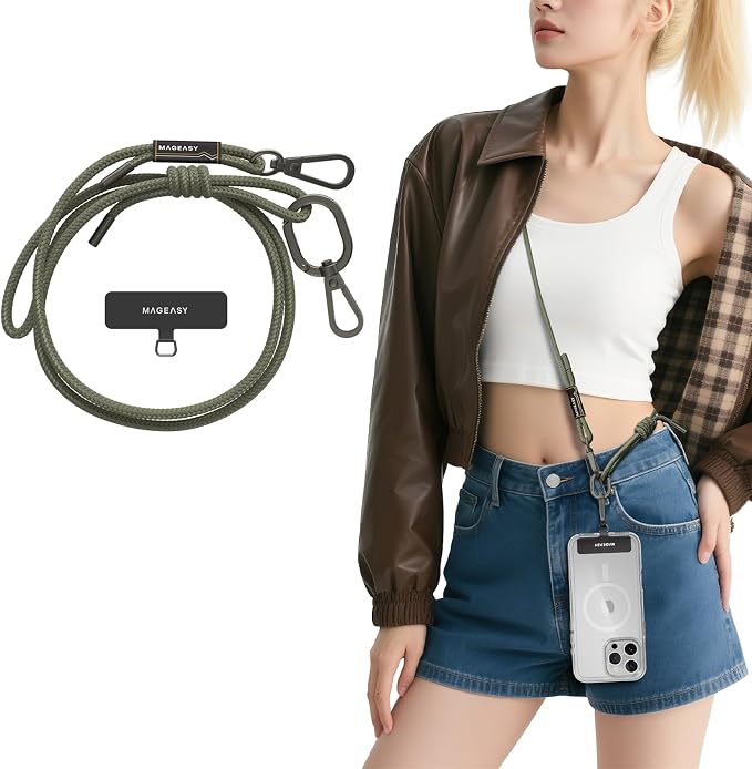 MAGEASY Universal Cell Phone Lanyard - Anti-Theft Rope Crossbody Phone Strap for iPhone 17 Pro Max & Most Smartphones, for Men & Women | 6mm Army Green
