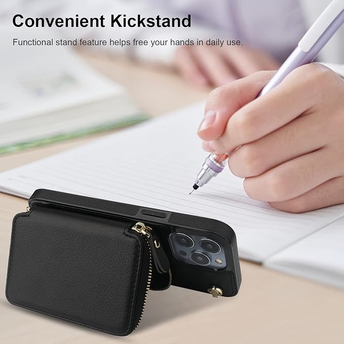 Bocasal Crossbody Wallet Case for iPhone 14 Pro Max, RFID Blocking Leather Purse Case with Card Holder, Protective Handbag Flip Cover with Zipper Wrist Strap Lanyard for Women 5G 6.7 Inch (Black)