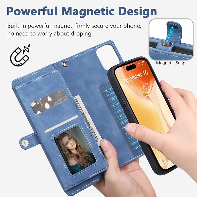 Wallet Case for iPhone 15 with Card Holder/Crossbody Wallet/Strap| RFID Blocking | Magnetic | Kickstand | Detachable | PU Leather Phone Case for iPhone 15,6.1 in,Sky Blue