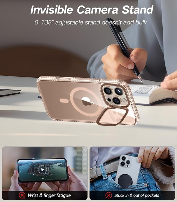 [Upgraded] for iPhone 16 Pro Max Case with Camera Cover Stand [Fit for MagSafe][9H Camera Lens Protector] Mil-Grade Protection Transparent Magnetic iPhone 16 Pro Max Phone Case, Clear Gold