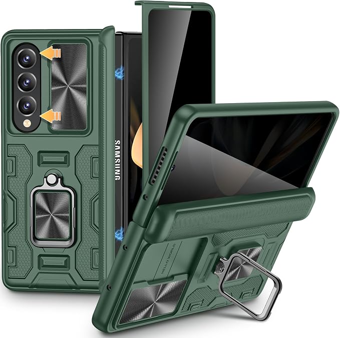 VEGO for Samsung Galaxy Z Fold 4 Case, Built-in Privacy Screen Protector | with Rotating Ring Kickstand Hinge Protection & Slide Camera Cover Drop Protection Case for Samsung Fold 4-Green