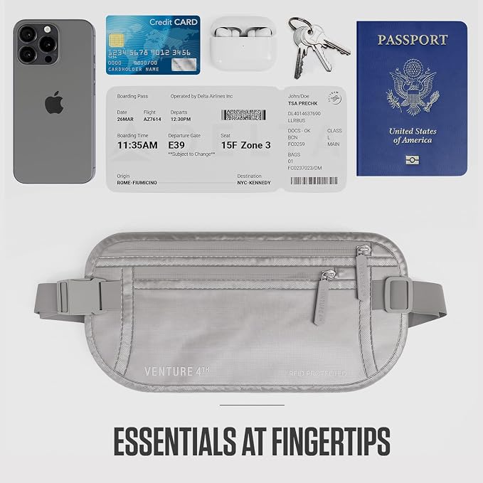 VENTURE 4TH Money Belt for Travel – Hidden Under-Clothes RFID Blocking Passport Holder & Slim Travel Wallet Pouch for Men & Women to Protect Cash, Cards & Documents (Sleek Silver)