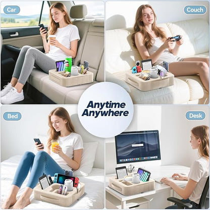 Couch Cup Holder Pillow, Sofa and Bed Caddy for iPad, Kindle, Switch, Game Controller, Remotes, Phones, Small-Sized Cup and Drink Holder for Couch, Bed, Desk, Car, Beach, Bathroom Cup Holder, Khaki