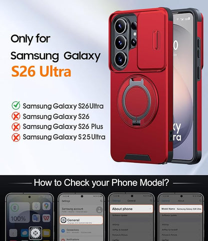 JAME for Samsung Galaxy S26 Ultra Case, Ring Holder Stand Kickstand, Slide Camera Cover with Screen Protector, Dual-Layer Shockproof Protective Magnetic Accessory Friendly S26 Ultra Phone Case, Red