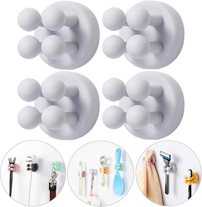 iBetterLife Bathroom Toothbrush Holders Wall Mounted - 4Pcs Silicone Tooth Brush Razor Holder for Shower Mirror Hanging Loofah Towel, Self Adhesive Cute Storage Hook for Kitchen Living Room Office