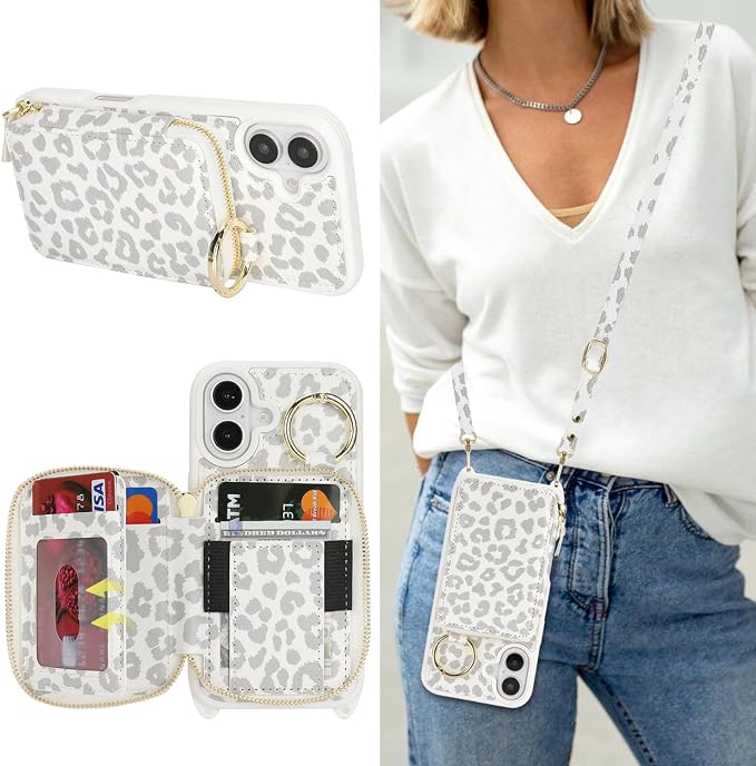 Crossbody Wallet Case for iPhone 17, PU Leather Zipper Handbag Purse Flip Cover, Kickstand Folio Case with Card Slots Holder Wrist Strap Lanyard 5G 6.3 Inch-White Leopard