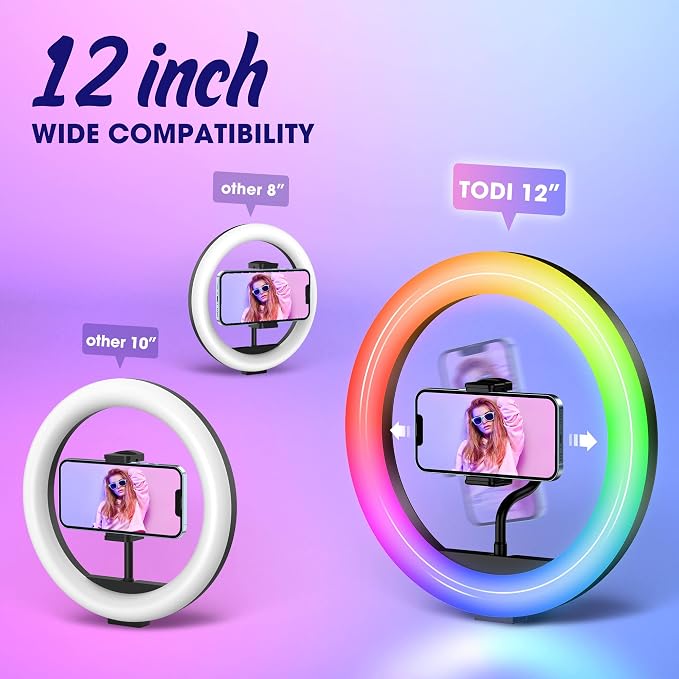 TODI 12" RGB Ring Light with 63" Tripod Stand, 3 CCT Mode and 39 Color Mode Selfie RingLight with Stand, 2-in-1 LED Ring Light with Selfie Remote, for Makeup, Live Stream