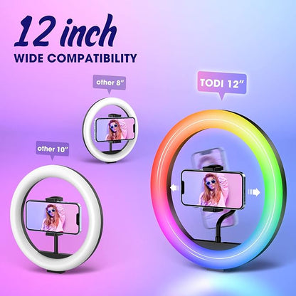 TODI 12" RGB Ring Light with 63" Tripod Stand, 3 CCT Mode and 39 Color Mode Selfie RingLight with Stand, 2-in-1 LED Ring Light with Selfie Remote, for Makeup, Live Stream