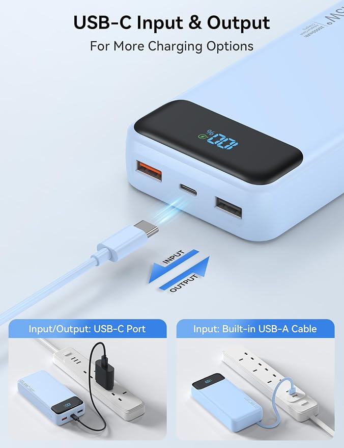 Portable Charger, 20000mAh 22.5W Fast Charging Power Bank with 4 Built-in Cables, Travel Essentials External Battery Pack with LED Display, 6 Outputs Charging Bank for iPhone, iPad, Samsung etc Blue