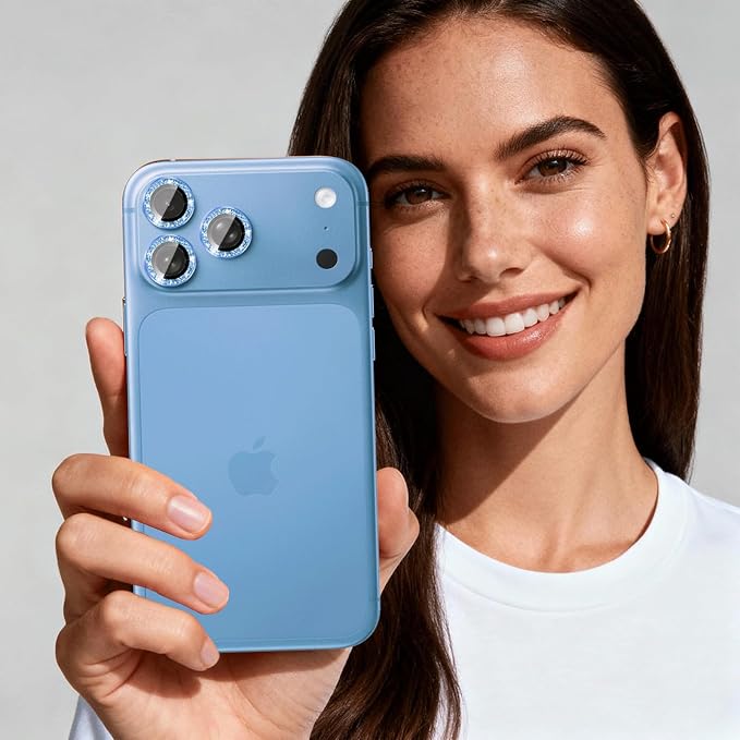 Compatible for iPhone 17/17 Pro/iPhone 17 Pro Max Camera Lens Protector Bling, Cute Sparkle Glitter Camera Cover for Women, Individual Ring, Anti-Scratch (3 Protectors + 1 Extra), Light Blue