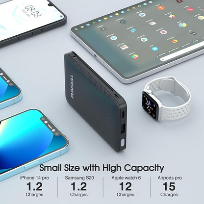 Slim Portable Charger 5000mAh - Compact Mini Small Power Bank Built-in Cable Cute Mobile Cell Phone External Battery Pack 5V 2.1A USB-C Compatible with iPhones 6/7/8/X/XS/XR/11/12/13/14 Airpods