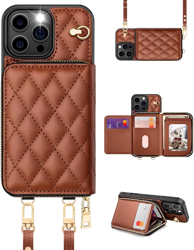 OCASE Compatible with iPhone 16 Pro Crossbody Wallet Case with Card Holder, PU Leather Zipper Handbag Phone Purse with RFID Blocking Kickstand Wrist Strap Lanyard 6.3 Inch, Diamond Check Brown