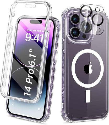 Compatible with iPhone 14 Pro Case Clear, Built-in Screen Protector, with Camera Lens Protector, [Compatible with MagSafe] Full Body Phone Case, Magnetic Protective Cover for 14Pro 6.1" (Clear)