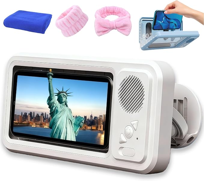 Shower Phone Holder with Speaker,Waterproof Phone Holder for Shower - Built-in Wireless Bluetooth Speaker,360° Rotation Ipx4 Waterproof, Enhanced Sound, for Bathroom, Shower Wall (White)