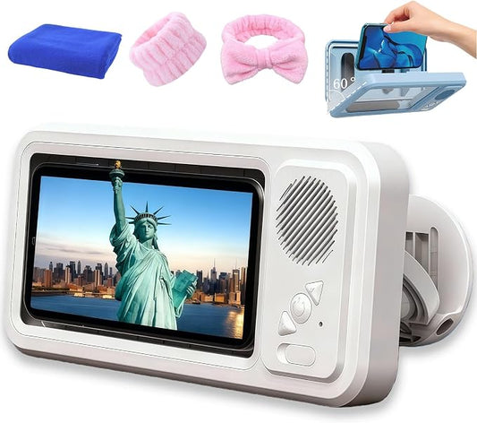 Shower Phone Holder with Speaker,Waterproof Phone Holder for Shower - Built-in Wireless Bluetooth Speaker,360° Rotation Ipx4 Waterproof, Enhanced Sound, for Bathroom, Shower Wall (White)