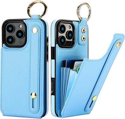 Folosu for iPhone 16 Pro Max Wallet Case with Card Holder, Hand Wrist Strap Loop Holder Kickstand, RFID Blocking Finger Grip Ring PU Leather Double Buttons Shockproof Cover 6.9" Blue
